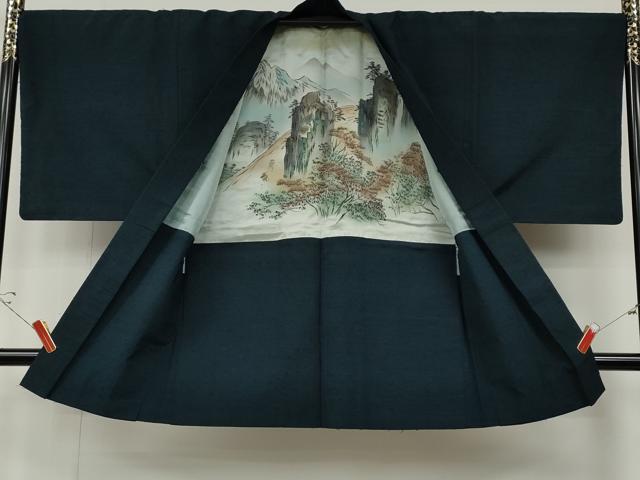平和屋着物●男性　髭紬　アンサンブル　色無地　御召御納戸色　正絹　逸品　CABD7446ut