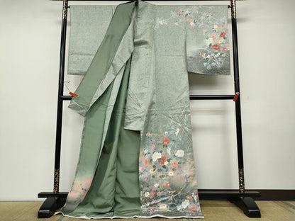平和屋着物●訪問着　草花文　たたき染め　金彩　仮絵羽　正絹　逸品　未使用　CABD7460ut