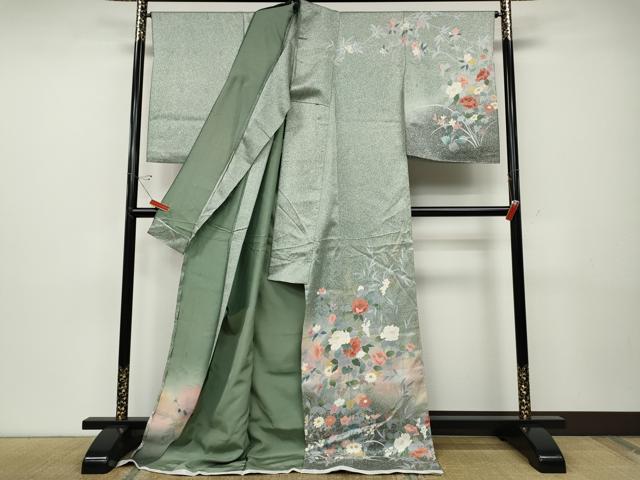 平和屋着物●訪問着　草花文　たたき染め　金彩　仮絵羽　正絹　逸品　未使用　CABD7460ut