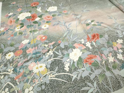 平和屋着物●訪問着　草花文　たたき染め　金彩　仮絵羽　正絹　逸品　未使用　CABD7460ut