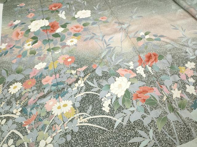 平和屋着物●訪問着　草花文　たたき染め　金彩　仮絵羽　正絹　逸品　未使用　CABD7460ut