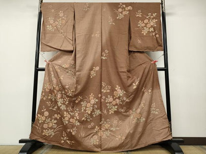 平和屋着物●訪問着　紬地　刺繍　草花文　仮絵羽　正絹　逸品　未使用　CABD7461ut