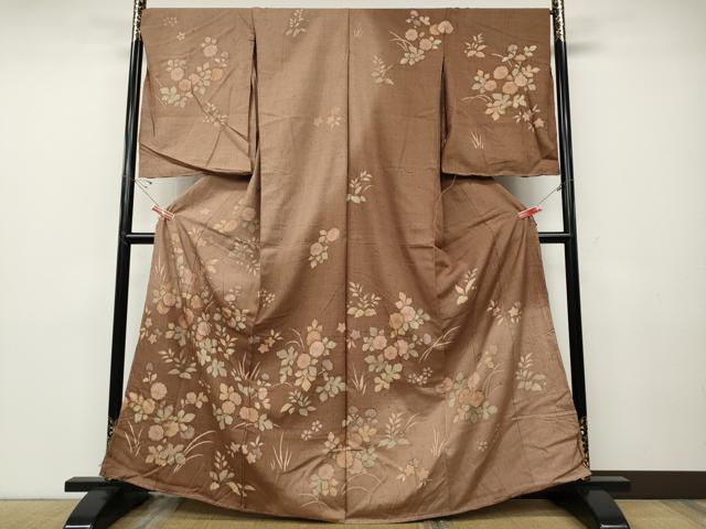 平和屋着物●訪問着　紬地　刺繍　草花文　仮絵羽　正絹　逸品　未使用　CABD7461ut