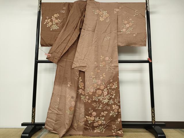 平和屋着物●訪問着　紬地　刺繍　草花文　仮絵羽　正絹　逸品　未使用　CABD7461ut
