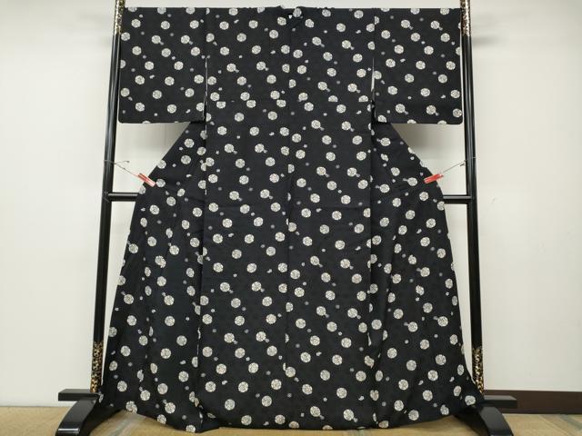 平和屋着物●上質な小紋　型染め　雪輪花文　黒地　正絹　逸品　CABD7474ut