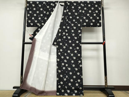 平和屋着物●上質な小紋　型染め　雪輪花文　黒地　正絹　逸品　CABD7474ut