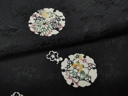 平和屋着物●上質な小紋　型染め　雪輪花文　黒地　正絹　逸品　CABD7474ut
