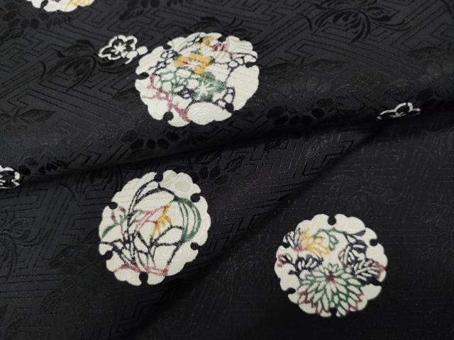平和屋着物●上質な小紋　型染め　雪輪花文　黒地　正絹　逸品　CABD7474ut