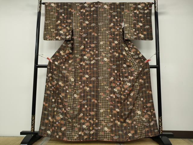 平和屋着物●上質な小紋　格子花蝶文　金彩　正絹　逸品　CABD7480ut