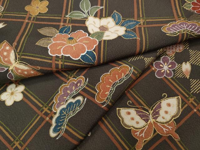 平和屋着物●上質な小紋　格子花蝶文　金彩　正絹　逸品　CABD7480ut