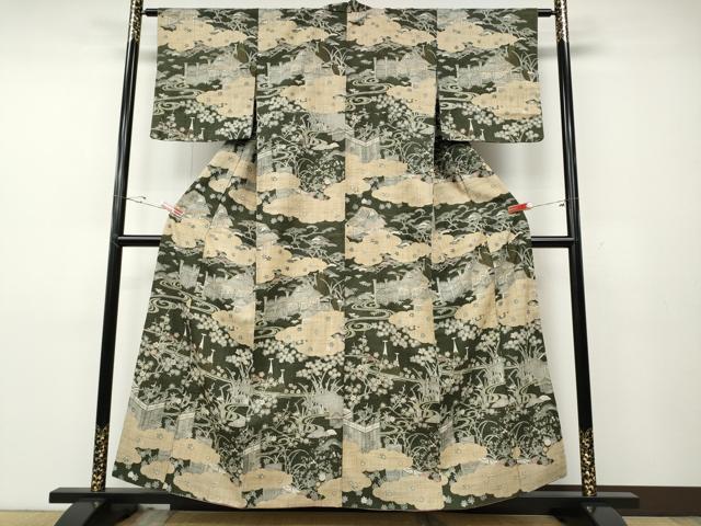 平和屋着物●染織の名門　しょうざん  生紬　雲取り風景草花文　やまと誂製　正絹　逸品　CABD7500ut