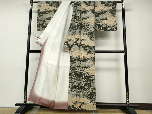 平和屋着物●染織の名門　しょうざん  生紬　雲取り風景草花文　やまと誂製　正絹　逸品　CABD7500ut