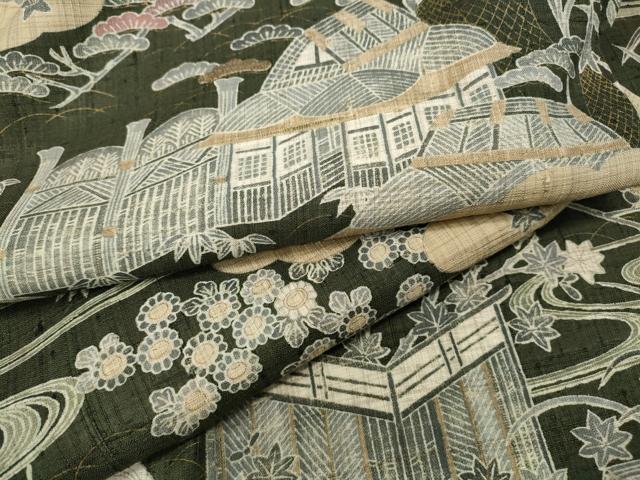 平和屋着物●染織の名門　しょうざん  生紬　雲取り風景草花文　やまと誂製　正絹　逸品　CABD7500ut