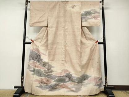 平和屋着物●訪問着　作家物　生紬　手描き　エ霞草花文　正絹　逸品　CABD7503ut