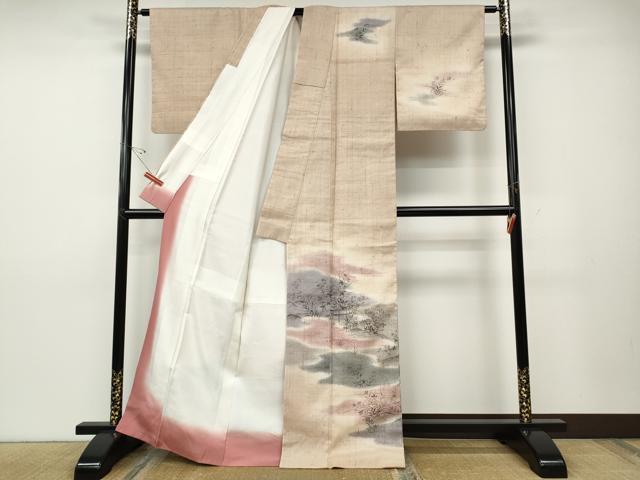 平和屋着物●訪問着　作家物　生紬　手描き　エ霞草花文　正絹　逸品　CABD7503ut