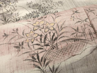 平和屋着物●訪問着　作家物　生紬　手描き　エ霞草花文　正絹　逸品　CABD7503ut