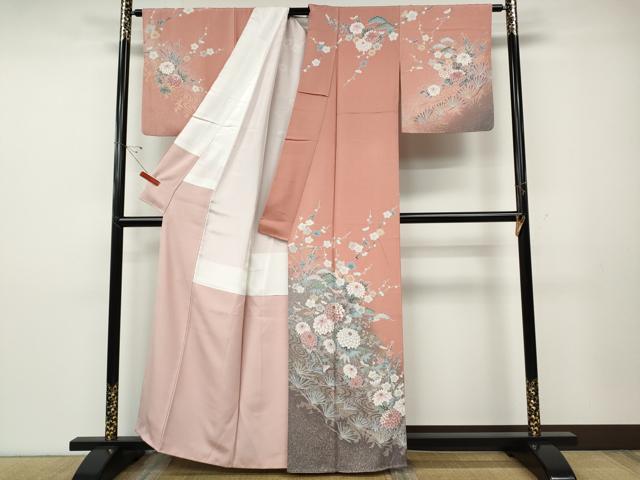 平和屋着物●訪問着　流水草花文　たたき染め　金銀彩　正絹　逸品　CABD7508ut