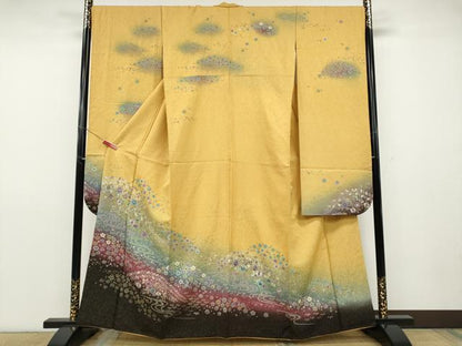 平和屋着物●豪華振袖　絞り　刺繍　流水舞花文　暈し染め　銀通し地　正絹　逸品　CABD7520ut