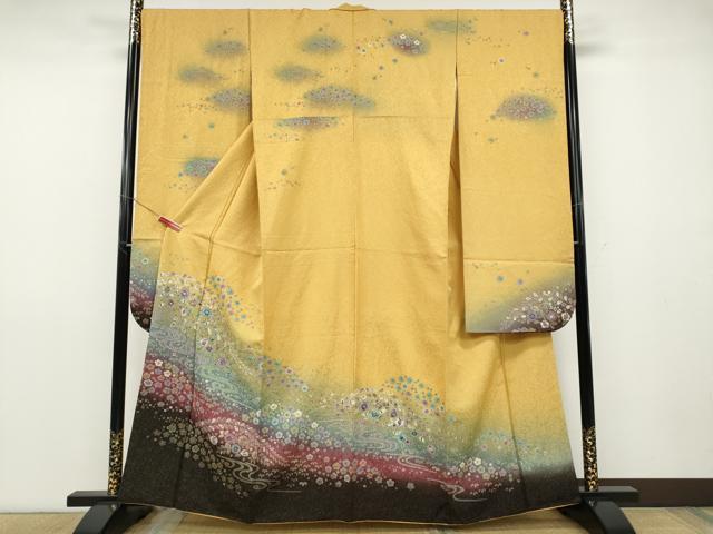 平和屋着物●豪華振袖　絞り　刺繍　流水舞花文　暈し染め　銀通し地　正絹　逸品　CABD7520ut