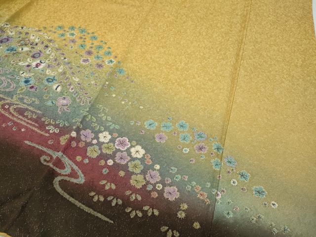 平和屋着物●豪華振袖　絞り　刺繍　流水舞花文　暈し染め　銀通し地　正絹　逸品　CABD7520ut