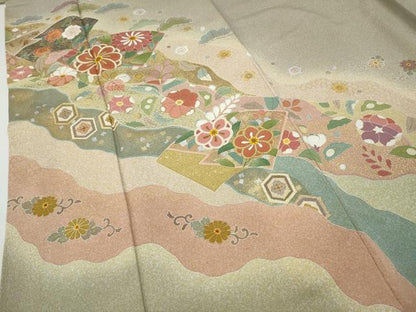 平和屋着物●京友禅の第一人者　松井青々　訪問着　道長地紙花文　たたき染め　金銀彩　正絹　逸品　CABD7522ut