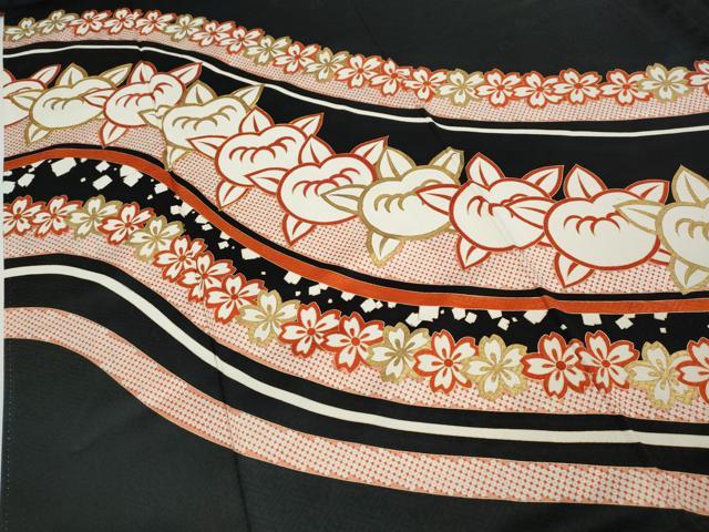 平和屋着物●十日町老舗ブランド　吉澤友禅　吾妻徳穂　訪問着　駒刺繍　橘桜文　黒地　金彩　正絹　逸品　CABD7523ut