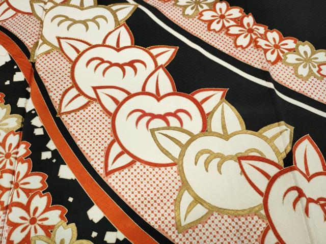 平和屋着物●十日町老舗ブランド　吉澤友禅　吾妻徳穂　訪問着　駒刺繍　橘桜文　黒地　金彩　正絹　逸品　CABD7523ut