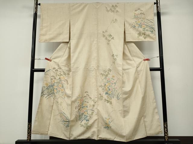 平和屋着物●訪問着　生紬　手描き　草花文　正絹　逸品　CABD7568ut