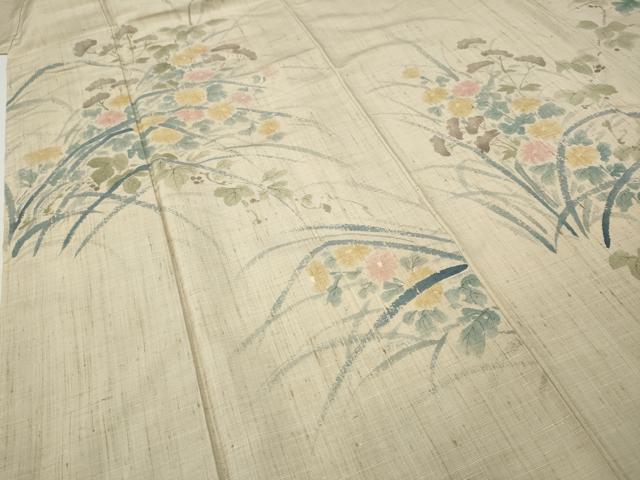 平和屋着物●訪問着　生紬　手描き　草花文　正絹　逸品　CABD7568ut