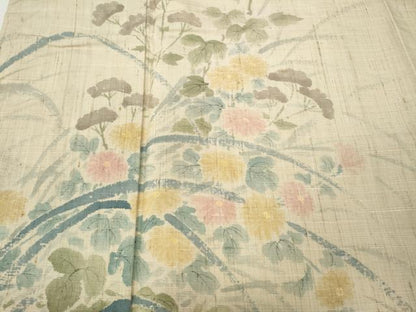 平和屋着物●訪問着　生紬　手描き　草花文　正絹　逸品　CABD7568ut
