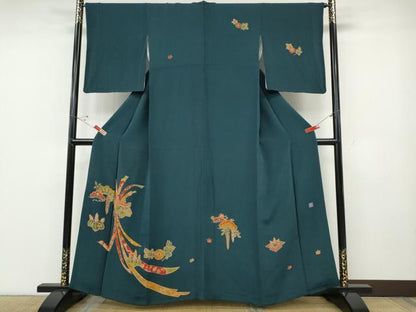 平和屋着物●訪問着　作家物　型染め　束ね熨斗松桐花文　金彩　鬼しぼ縮緬　正絹　逸品　CABD7577ut