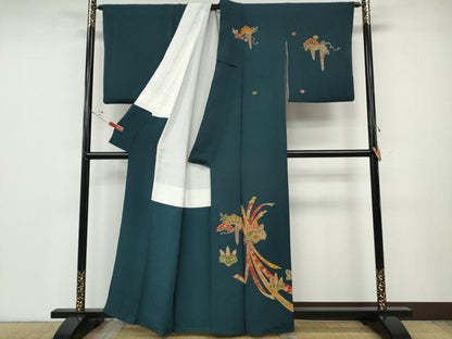 平和屋着物●訪問着　作家物　型染め　束ね熨斗松桐花文　金彩　鬼しぼ縮緬　正絹　逸品　CABD7577ut
