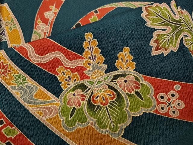 平和屋着物●訪問着　作家物　型染め　束ね熨斗松桐花文　金彩　鬼しぼ縮緬　正絹　逸品　CABD7577ut