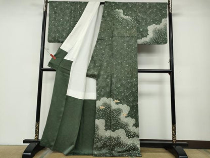 平和屋着物●訪問着　駒刺繍　絞り　立波鴛鴦文　金彩　正絹　逸品　未使用　CABD7595ut