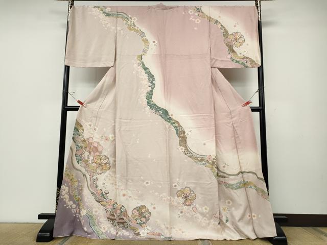 平和屋着物●訪問着　駒刺繍　道長舞桜文　暈し染め　金彩　ロング丈　正絹　逸品　CABD7597ut