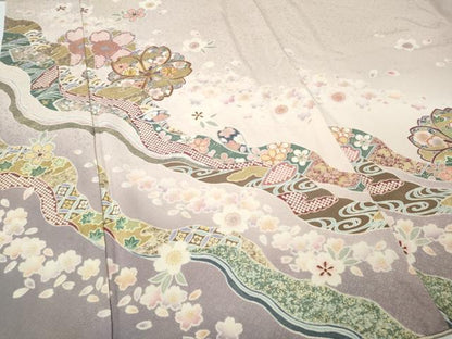 平和屋着物●訪問着　駒刺繍　道長舞桜文　暈し染め　金彩　ロング丈　正絹　逸品　CABD7597ut