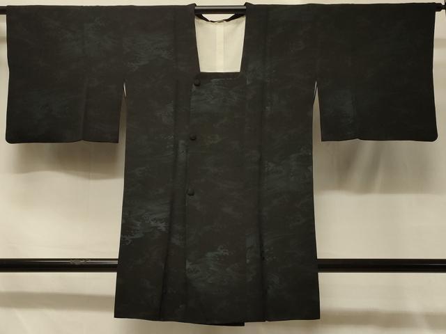 平和屋着物＃道行コート 立波文 黒地 ロング丈 正絹 逸品 CABD7608in