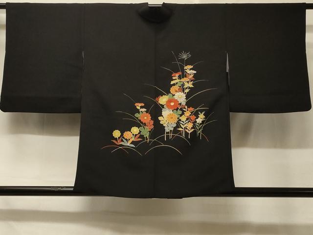 平和屋着物＃羽織 草花文 黒地 金彩 正絹 逸品 CABD7642in