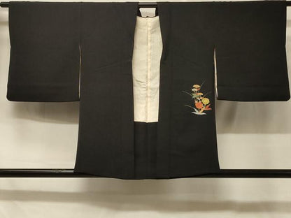 平和屋着物＃羽織 草花文 黒地 金彩 正絹 逸品 CABD7642in