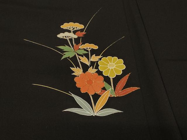 平和屋着物＃羽織 草花文 黒地 金彩 正絹 逸品 CABD7642in