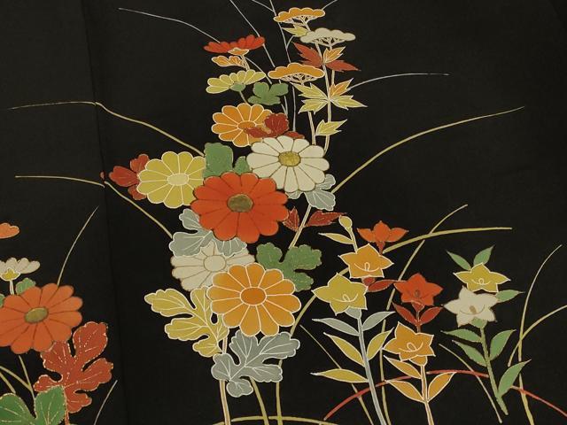 平和屋着物＃羽織 草花文 黒地 金彩 正絹 逸品 CABD7642in