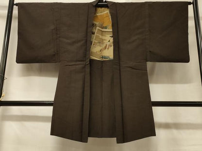 平和屋着物＃男性 長羽織 紬地 霞文 鉄黒色 正絹 逸品 CABD7654in