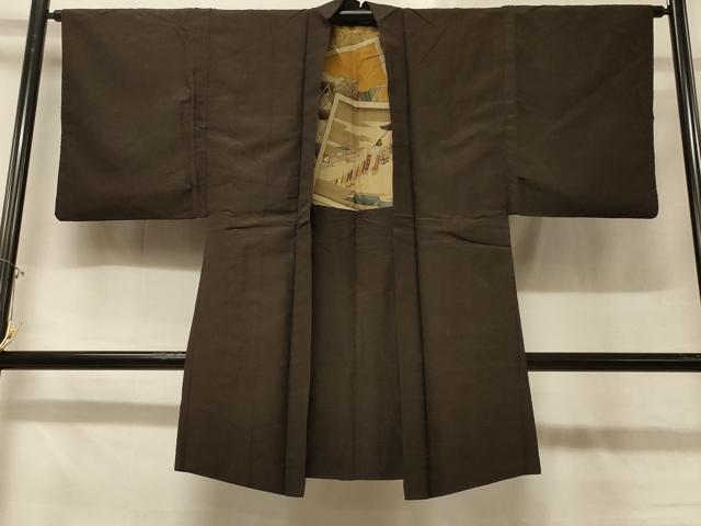 平和屋着物＃男性 長羽織 紬地 霞文 鉄黒色 正絹 逸品 CABD7654in