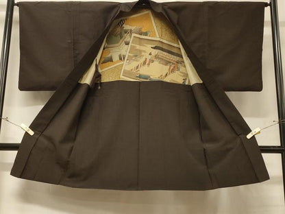 平和屋着物＃男性 長羽織 紬地 霞文 鉄黒色 正絹 逸品 CABD7654in