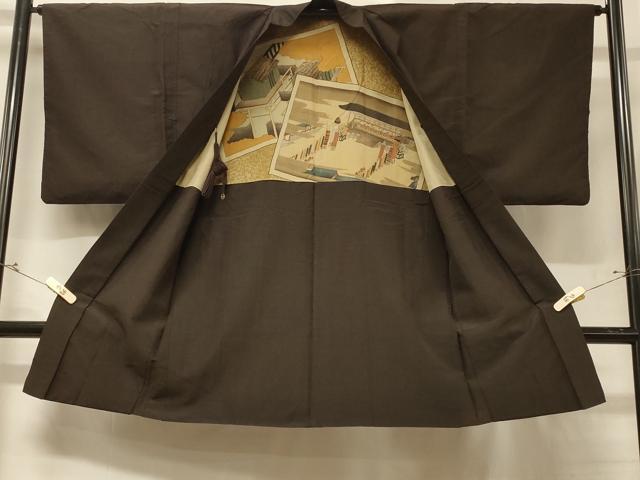 平和屋着物＃男性 長羽織 紬地 霞文 鉄黒色 正絹 逸品 CABD7654in