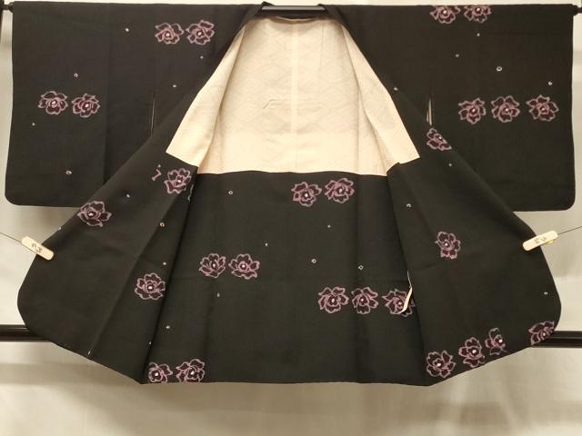 平和屋着物＃道行コート　ろうけつ染め　舞花文　黒地　正絹　逸品　CABD7673in