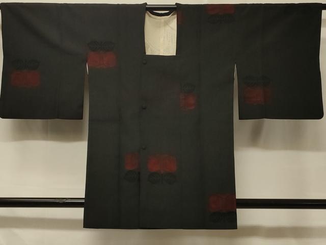 平和屋着物＃道行コート　草花文　黒地　正絹　逸品　CABD7708in