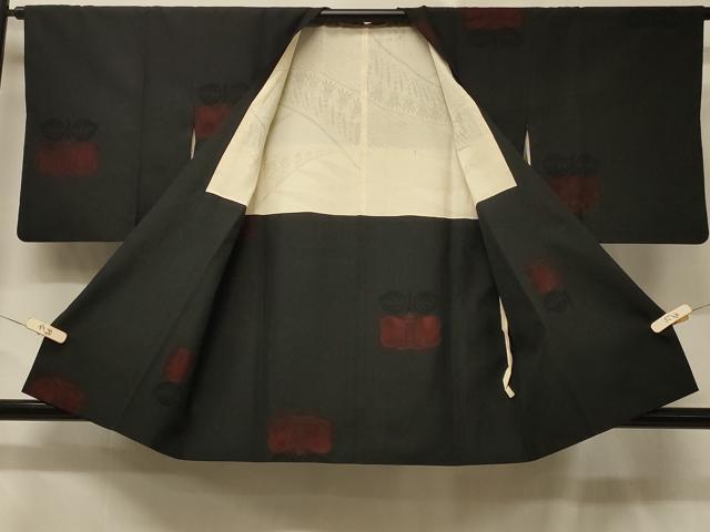 平和屋着物＃道行コート　草花文　黒地　正絹　逸品　CABD7708in