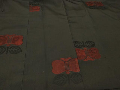 平和屋着物＃道行コート　草花文　黒地　正絹　逸品　CABD7708in