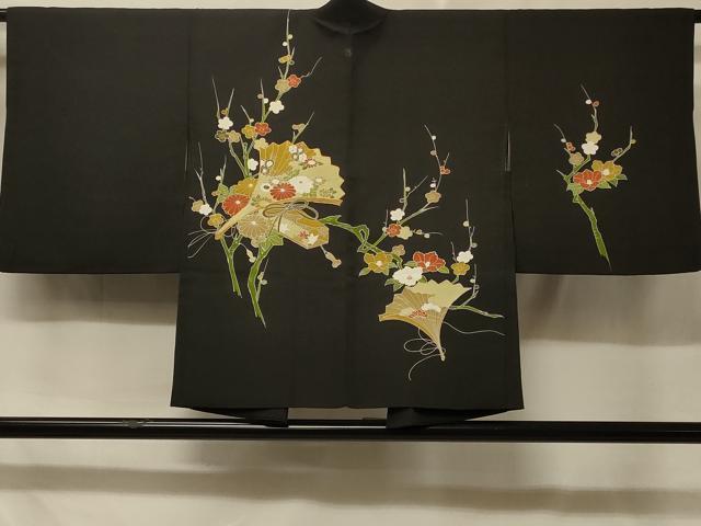 平和屋着物＃羽織　駒刺繍　扇面槍梅文　黒地　正絹　逸品　CABD7709in